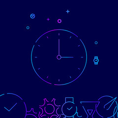 Round Classic Wall Clock Vector Line Icon, Symbol, Pictogram, Sign on a Dark Blue Background. Related Bottom Border