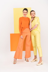 beautiful stylish young women posing with turmeric and limelight on background
