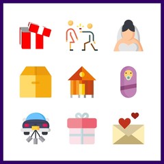 9 love icon. Vector illustration love set. bride and gift icons for love works