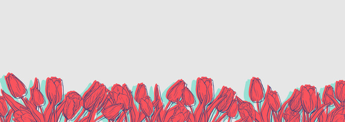 Flat horizontal banner template with two colored tulips on gray background