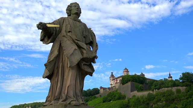 Statue on the Old Bridge across River Main with Marienberg Fortress, Wuerzburg, Lower Franconia, Bavaria, Germany