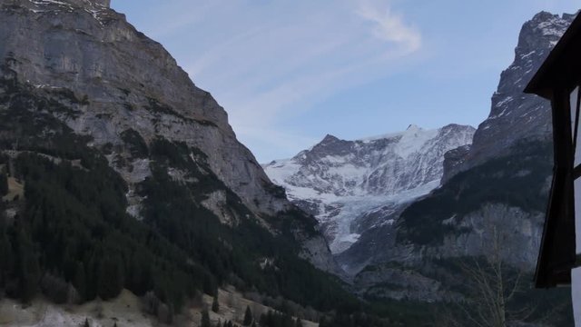 Mountain Lodge and Monch Mountain from Grindelwald, Bernese Oberland, Canton of Bern, Switzerland, Europe
