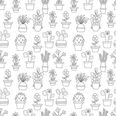 hand drawn flowers in pots seamless pattern illustration vector