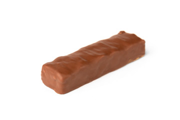 Chocolate bar with caramel and peanut isolated on white background. 