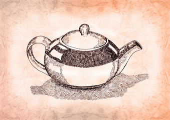 Ink pen hand drawn  ceramic teapot on abstract watercolor background