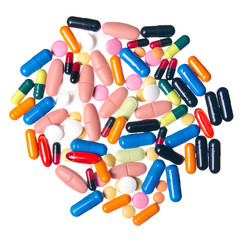 Colorful pills medical on white background top view, pharmacy concep