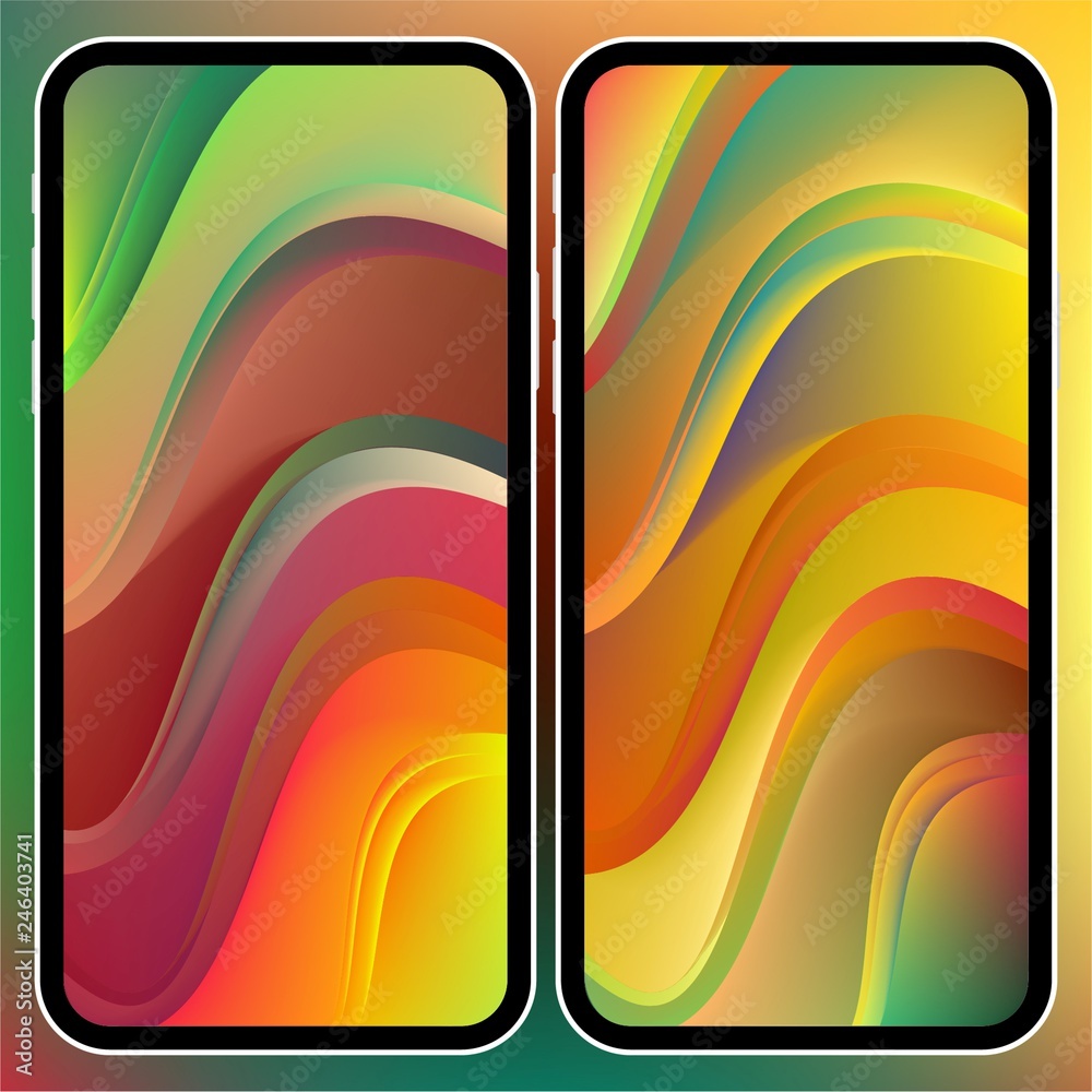 Poster Vector illustrations set design concept of mobile screen wallpaper holographic fluid bright gradient background. Liquid color covers set. Fluid shapes composition. Futuristic design. Phone mock up.