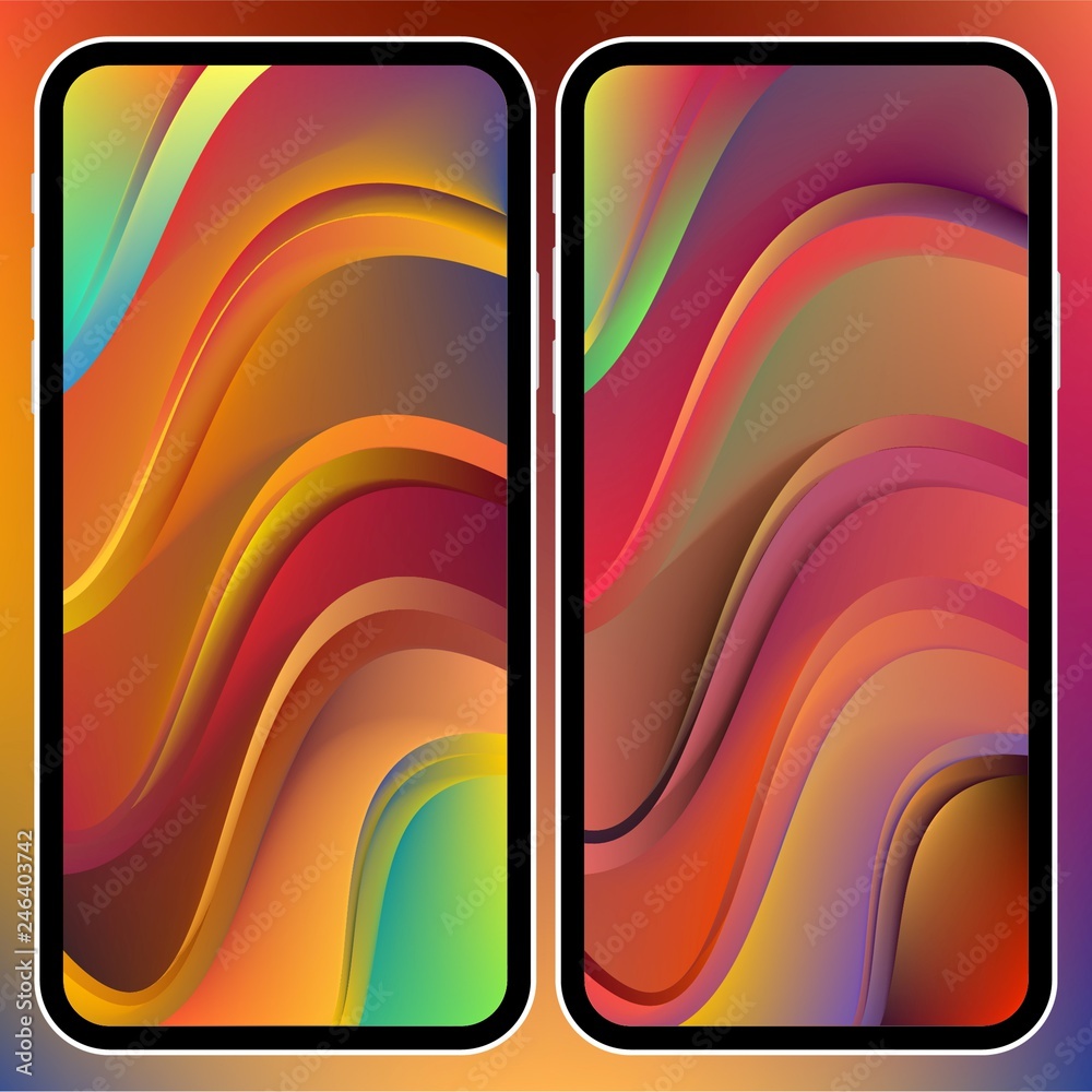 Poster Vector illustrations set design concept of mobile screen wallpaper holographic fluid bright gradient background. Liquid color covers set. Fluid shapes composition. Futuristic design. Phone mock up.