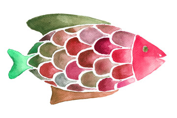 Hand painted watercolor abstract red green fish