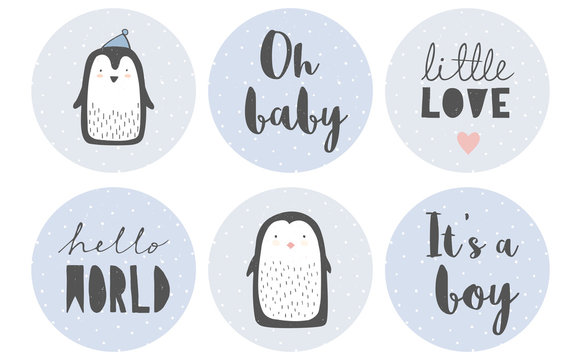 Baby Shower Candy Bar Vector Tag Set. 6 Cute Circle Shape Tags. Tiny White Dots on a  Blue Backgrounds. Gray Letters. Adorable Little Penguins. It's a Boy. Delicate Grunge Nursery Art. Pastel  Colors.