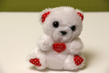 A white bear cub holds a red heart.