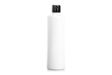 Studio shot of shampoo bottle with black cap isolated on white