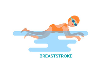 Breaststroke swimmer poster with text. Person female wearing bathing suit, goggles and protective hat on head swim professionally. Chest style vector