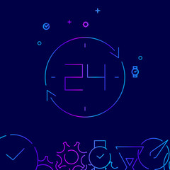 Round-the-clock Vector Line Icon, Symbol, Pictogram, Sign on a Dark Blue Background. Related Bottom Border