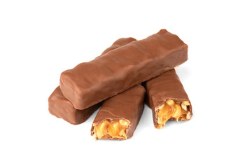Chocolate bar with caramel and peanut isolated on white background. 