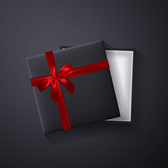 Open black empty gift box with red bow and ribbon on dark background. Top view. Template for your presentation, banner or poster. Vector illustration