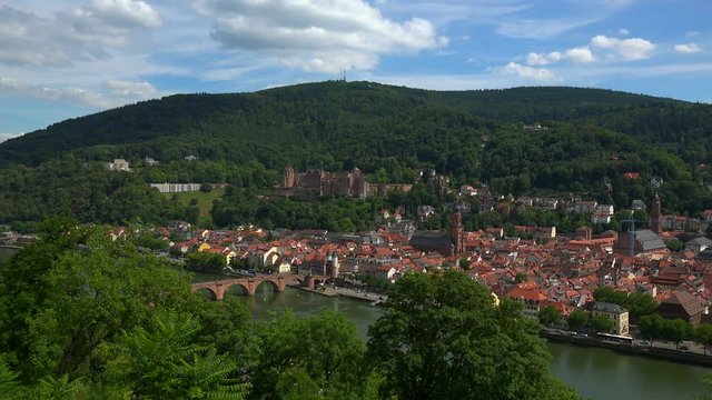 View from Philosophenweg to Heidelberg with Neckar River, Castle and Old Bridge, Heidelberg, Baden-Wurttemberg, Germany, Europe