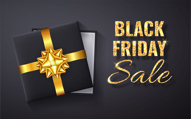 Black Friday Sale Golden glitter sparkle.Open Black Gift box with gold bow and ribbon top view. Vector illustration