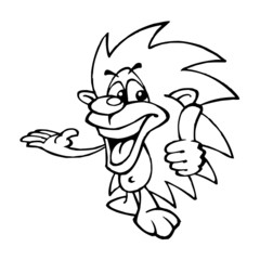 hedgehog pet with long spikes showing thumbs up, black and white clipart