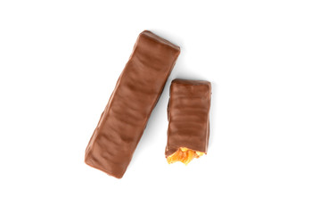 Chocolate bar with caramel and peanut isolated on white background. 