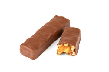 Chocolate bar with caramel and peanut isolated on white background. 