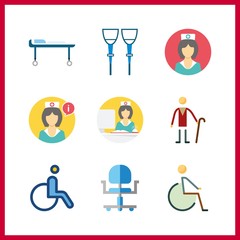 9 disabled icon. Vector illustration disabled set. nurse and wheelchair icons for disabled works