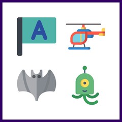 4 flying icon. Vector illustration flying set. bat and helicopter icons for flying works