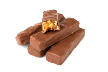 Chocolate bar with caramel and peanut isolated on white background. 
