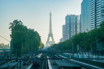 Morning view of the Champ de Mars - Tour Eiffel metro station with the famous Eiffel Tower
