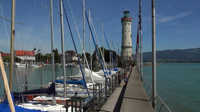 Harbour Entrance with Lighthouse and Lion Statue, Lindau, Lake Constance, Swabia, Bavaria, Germany