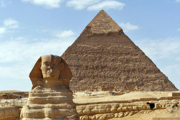 Giza City, Giza / Egypt - January 2015: The Great Sphinx with the Pyramid of Khafre in the...