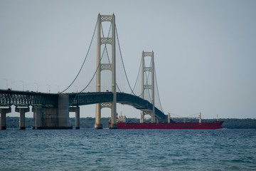 Ship passing under the Mackinac Bridge