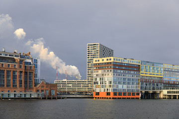 Industrial buildings in a harbor of Amsterdam, Netherlands