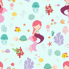 Cute mermaid seamless pattern background vector.