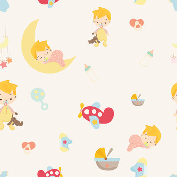 Baby shower. cute boy nursery seamless pattern background vector.