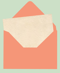 Opened color envelope with invitation card isolated on green background. Detailed mockup.