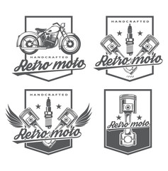 logo repair and restoration of vintage equipment. Garage Classics. Stylish logo for car repairs. Icon for parts online store. Set emblem with piston and motorcycle, raster copy, illustration