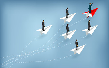 competition. businessmen stand on paper plane a red and white. One People standing holding binocular. go to business success goals. leadership. illustration cartoon vector