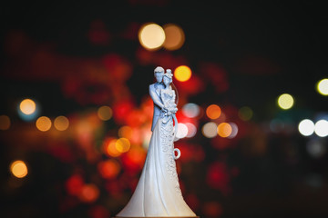 cake top decorated with porcelain bride and groom.