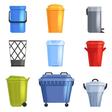 Set iron or plastic bucket, trash can. Isolated on white background. Vector illustration