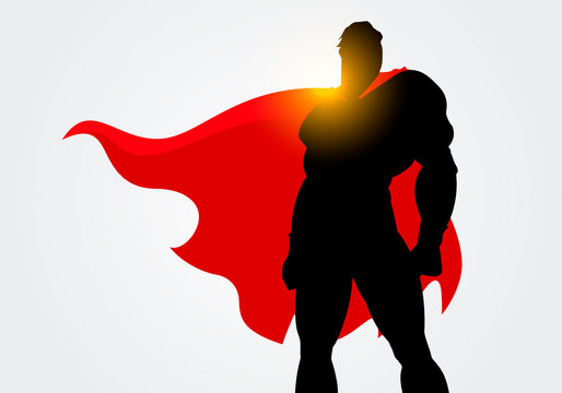 Vector Illustration Silhouette of a Superhero with red cape posing 