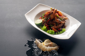 fried prawns with vegetables and spices