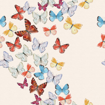 seamless texture with flying colorful butterflies. watercolor painting