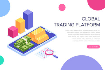 Global trading platform or financial management concept. Can use for web banner, infographics, hero images. Flat isometric vector illustration isolated on white background.