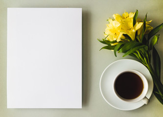 background for text with a cup of coffee and flower