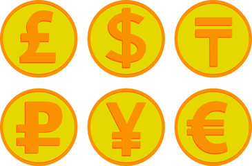 set of currency coin icons (dollar, euro, tenge, ruble, yen, yuan)