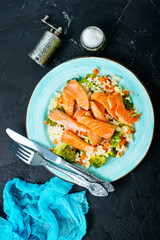 salmon and rice with broccoli
