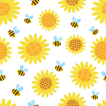 Vector pattern with flying cartoon bees isolated on white