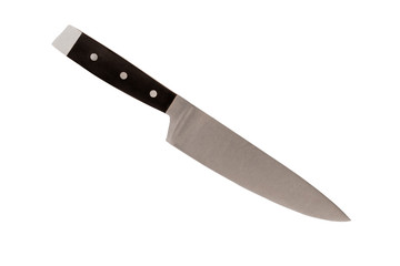 Steel kitchen knife disposed by diagonal, isolated on a white background.