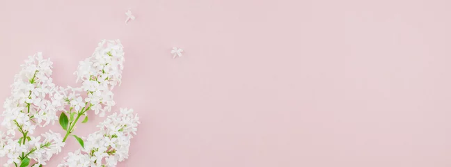 Foto op Plexiglas Roze achtergrond met witte lila bloemen © dvoevnore